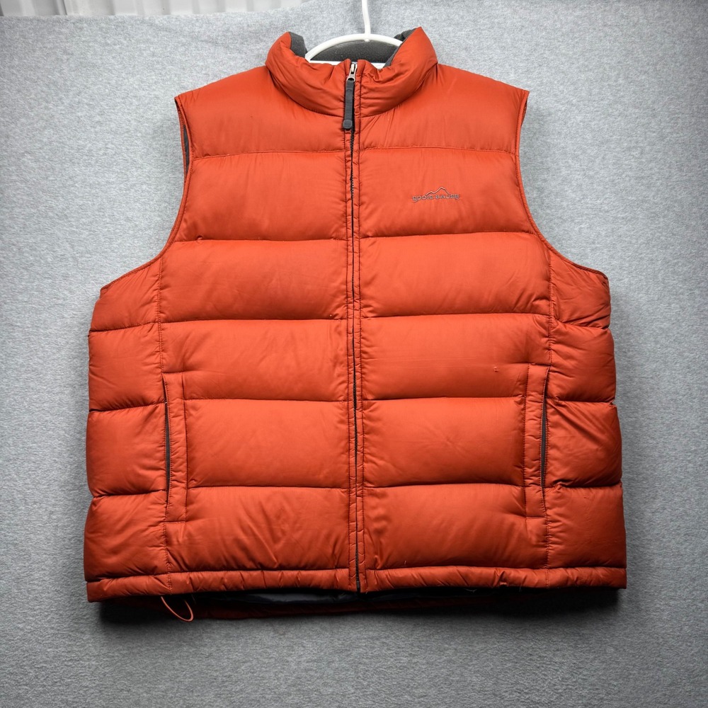 Eddie Bauer Mens XXL Premium Goose Down Puffer Vest Orange Ripstop Full Zip